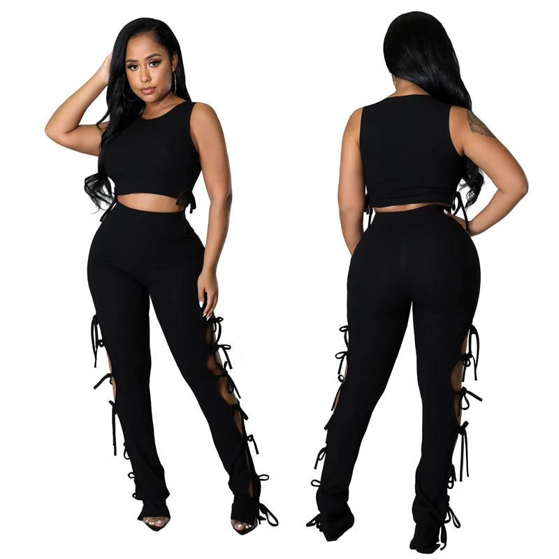 Solid Hollow Out Lace Up Sleeveless Two Piece Matching Sets Women Skinny Sporty Tank Top+Pants Leggings Workout Stretchy Outfits