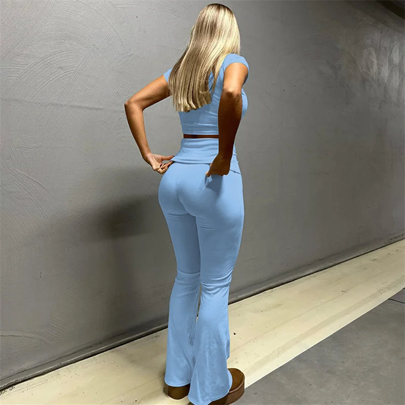 Solid Casual Matching Set Outfits for Women Two Piece Set Sporty Fitness Workout Crop Top and Flare Pants Track Suit Yoga Femme