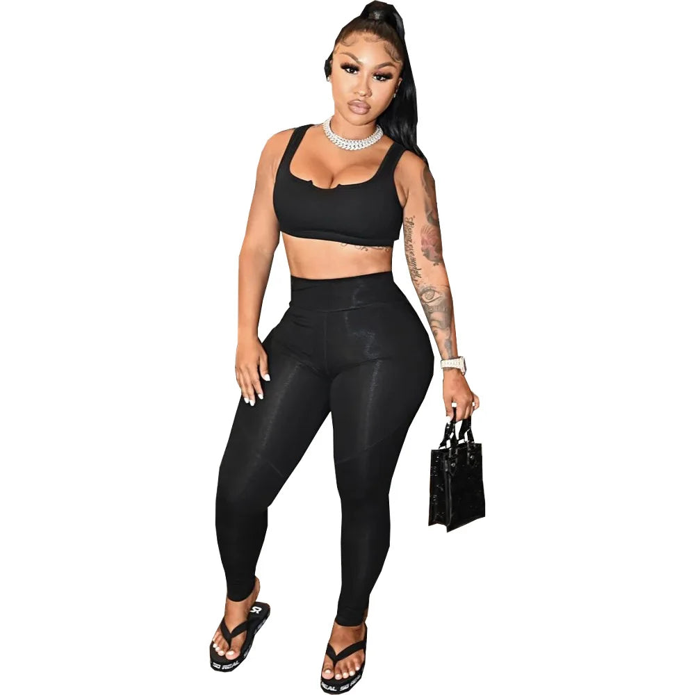 Fitness Women Yoga Tracksuit Workout Two Piece Set Solid V Neck Vest Tank Top Legging Pants Outfit Sport Matching Set Home Suit