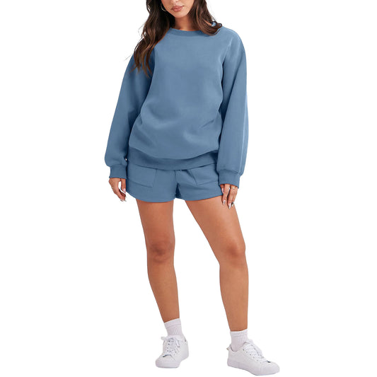 Women Fall Casual Outfits Set Solid Color Pullover Sweatshirt and Running Shorts with Pockets Yoga Workout Activewear Tracksuits