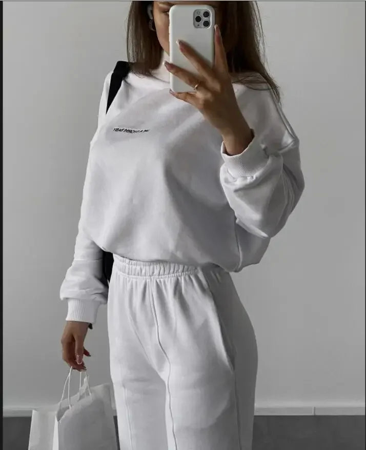 Spring Long-sleeved High-neck Printed Sweatshirt Casual Two-piece Set Tie-up Pleated Top Waist Sweatpants Sports Suit Women