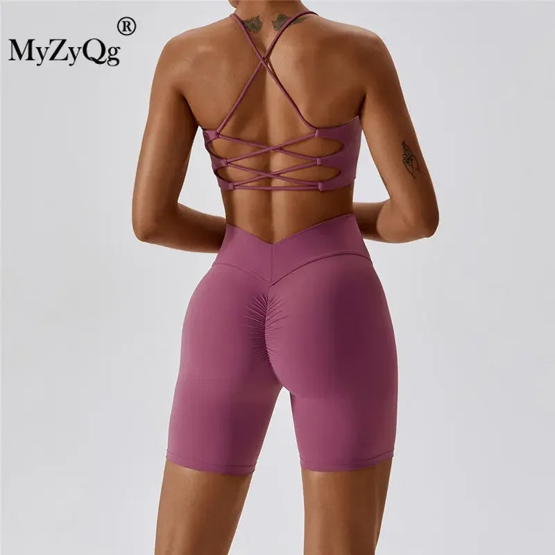 MyZyQg Women 2 Pcs Set Yoga Pilate Bra Beauty Back Cross Leggings Running Sports Underwear Quick Dry Tight Fitness Short Suit