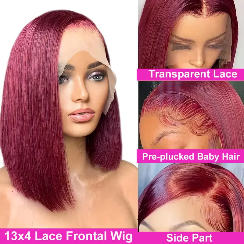 99J Bob Wigs Lace Front Human Hair Wigs 13x4 Lace Frontal Human Hair Wig Burgundy Red Straight Short Bob 100% Human Hair Bob Wig