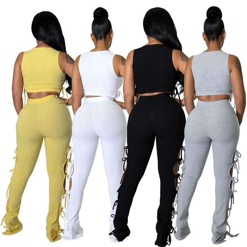 Solid Hollow Out Lace Up Sleeveless Two Piece Matching Sets Women Skinny Sporty Tank Top+Pants Leggings Workout Stretchy Outfits