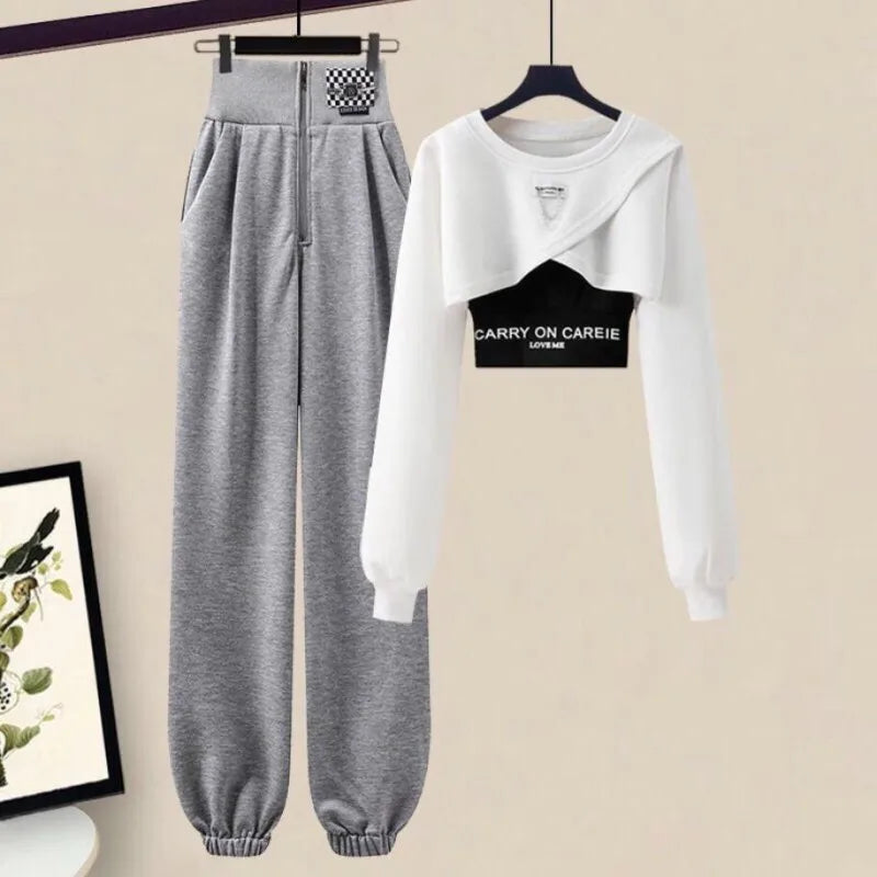 Elegant Sportswear Suit Women's Spring Autumn Fashion Short Sweater+Suspenders+Pants Three Piece Female Tracksuit Set