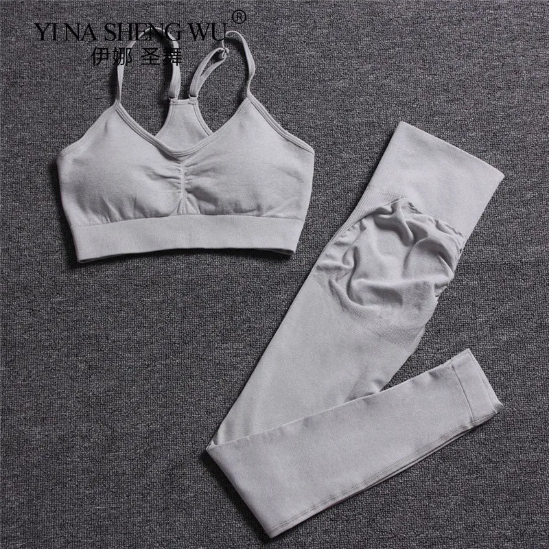 Seamless Yoga Set Women Fitness Pants Clothing Sportswear Woman Gym Leggings Padded Push-up Strappy Sports Bra 2 Pcs Sports Suit