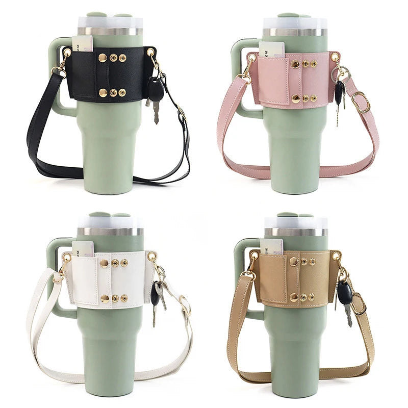 Water Bottle Handle Shoulder Strap Universal Water Bottle Carrier Travel PU Leather Coffee Mug Holder for Stanley 30oz/40oz Cup