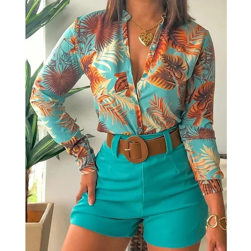 Beach Holiday Women's Tracksuit Floral Leaf Long Sleeve Shirt and Shorts Matching Two 2 Piece Set Outftis Sweatsuit