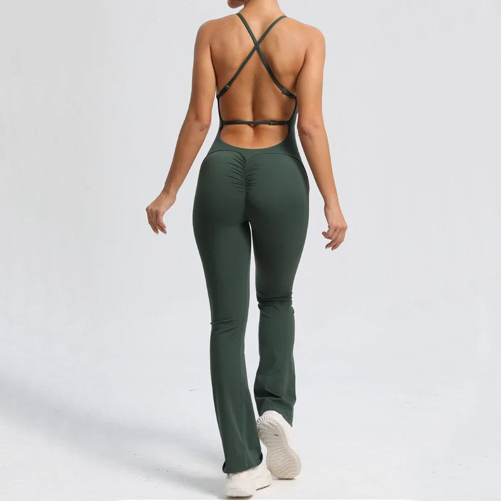 2024 Nylon Pad Bunny Sportwear Fitness Yoga Set Workout Flared Legging One Piece Jumpsuit Pants Exercise Active Wear Bodysuit