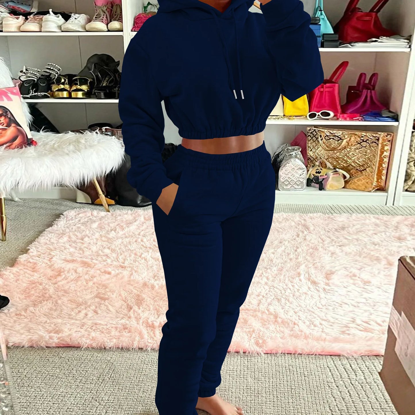 Women 2 Piece Outfits Fleece Sweatsuit Fall Tracksuit Pullover Crop Hoodie Jogger Pants Lounge Set Casual Sports Workout Outfits