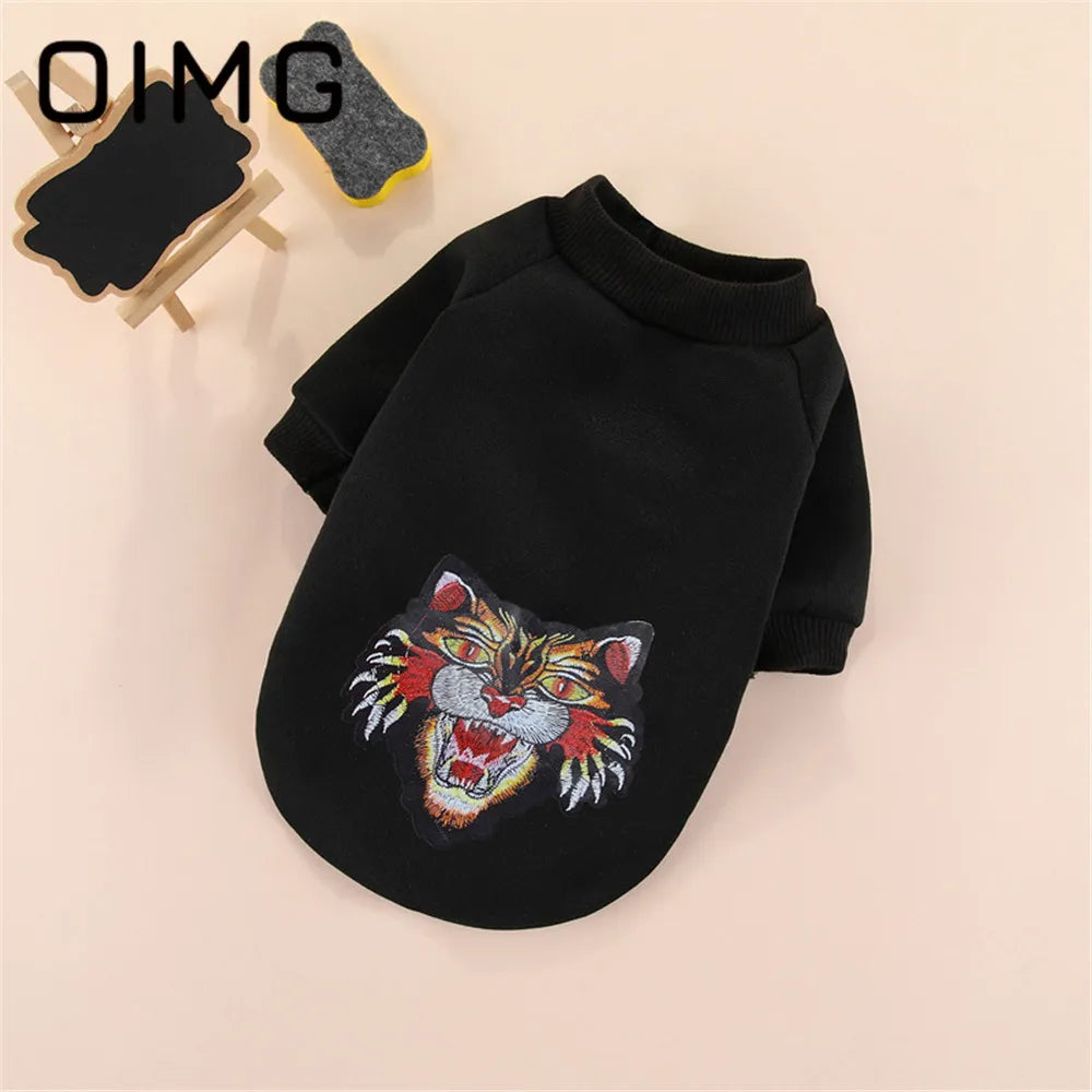 OIMG Tiger Embroidery Dog Pullover Hoodie For Autumn Winter Puppy Clothes Teddy Poodle Pomeranian Handsome Pet Fleece Sweater