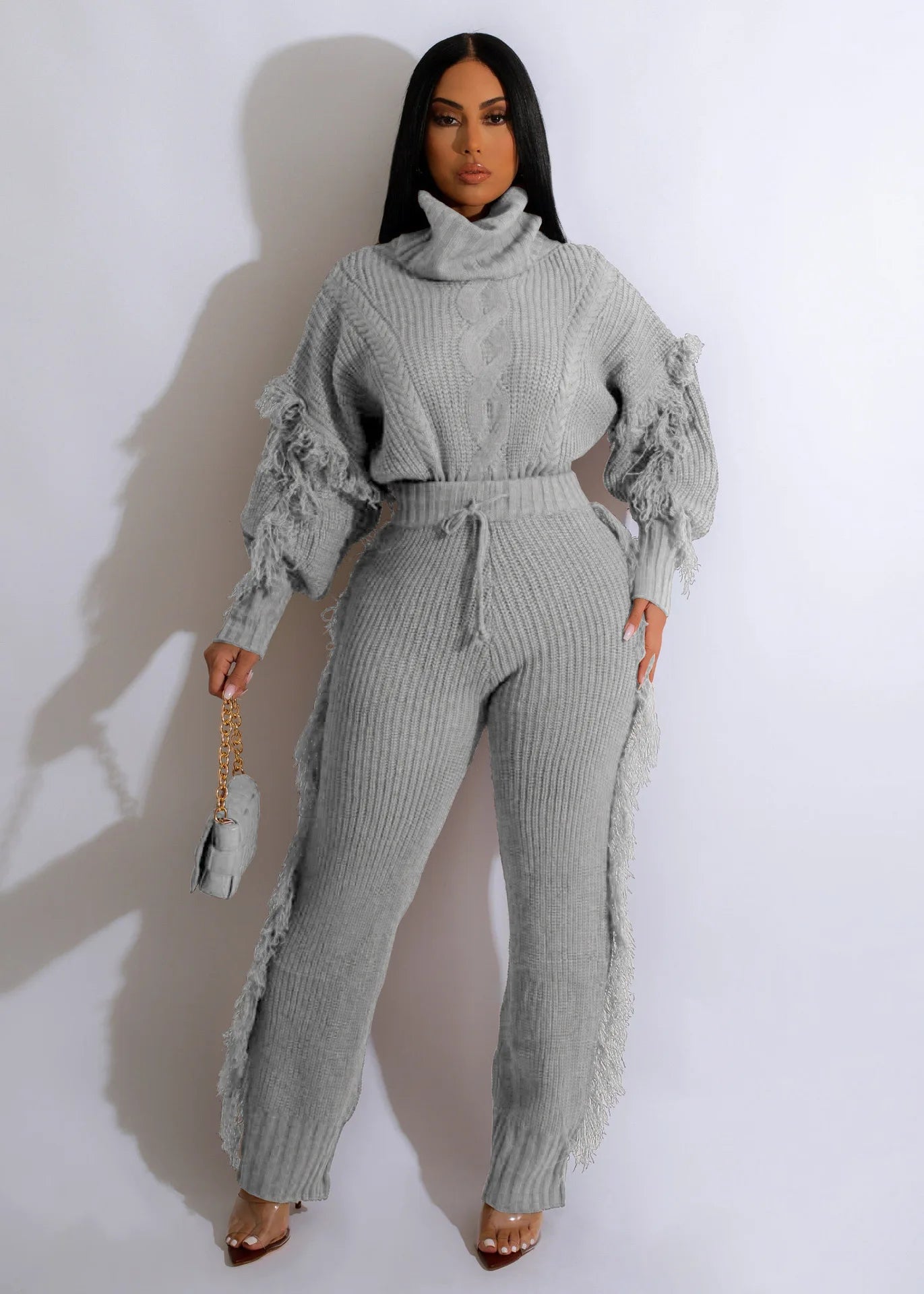 Knit Sweater Set Women Tracksuit Autumn Tassel Sleeve Turtleneck Pullover Tassel Side Pants Suit Casual Warm Two 2 Piece Outfits