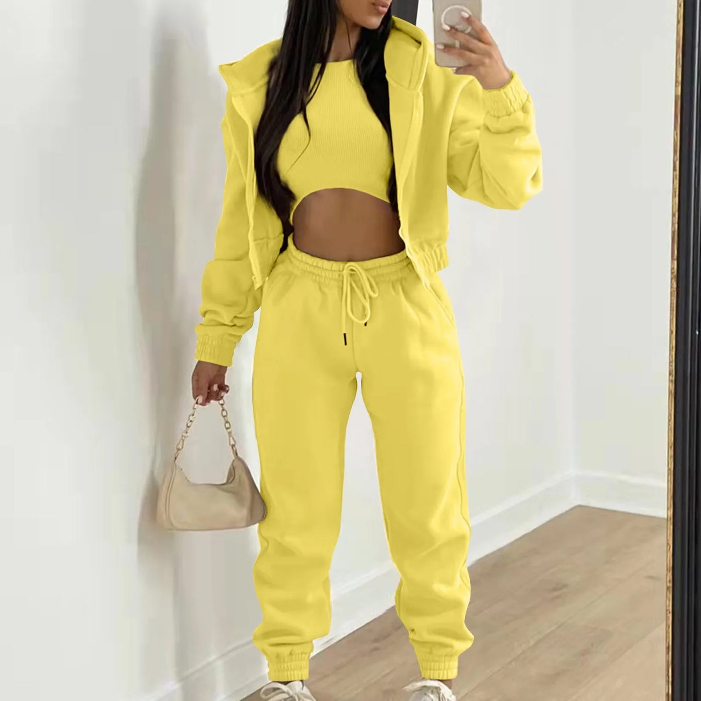 Fashion Women 3 Piece Sets Long Sleeve Zip Hoodies+Ribbed Tank+High Waist Sweatpants Jogger Pant Suit Sporty Three Pieces Outfit