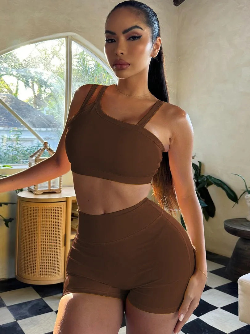 Casual Workout Sets 2 Piece Outfits for Women Ribbed Crop Tank Top High Waist Yoga Shorts Lounge Wear Tracksuit