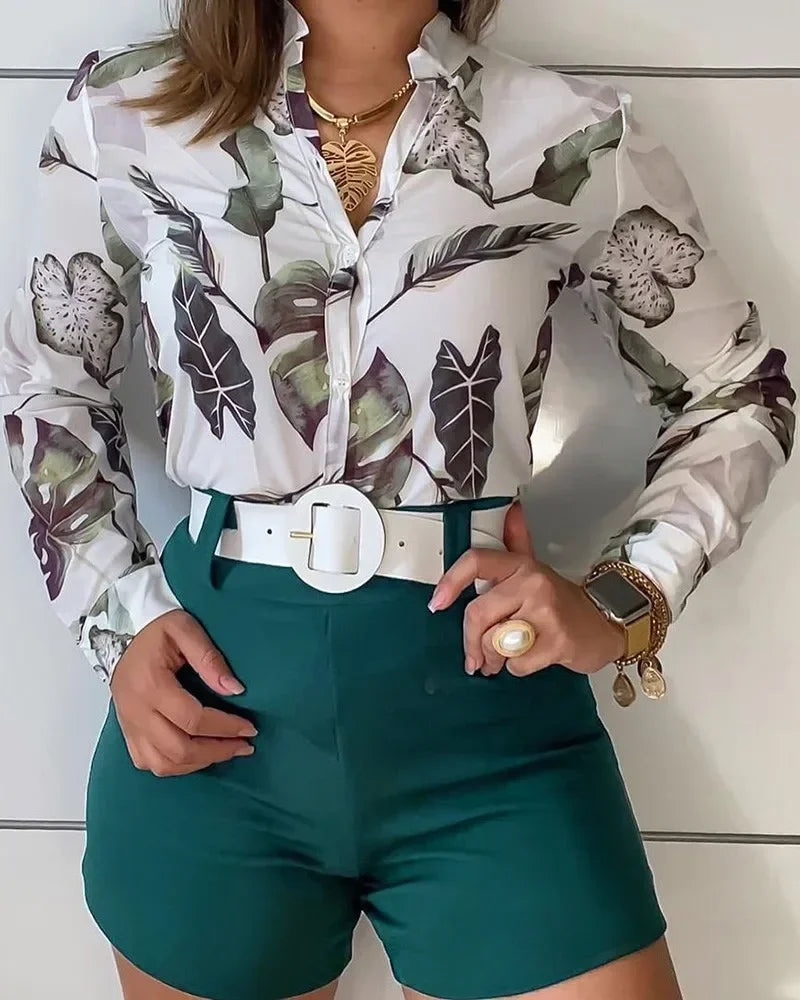 Beach Holiday Women's Tracksuit Floral Leaf Long Sleeve Shirt and Shorts Matching Two 2 Piece Set Outftis Sweatsuit