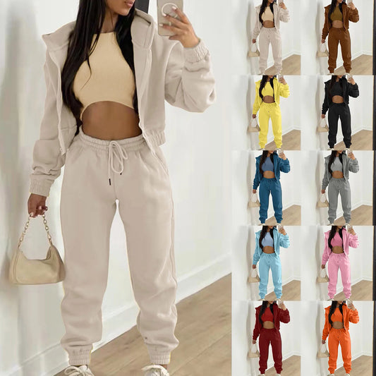 Fashion Women 3 Piece Sets Long Sleeve Zip Hoodies+Ribbed Tank+High Waist Sweatpants Jogger Pant Suit Sporty Three Pieces Outfit