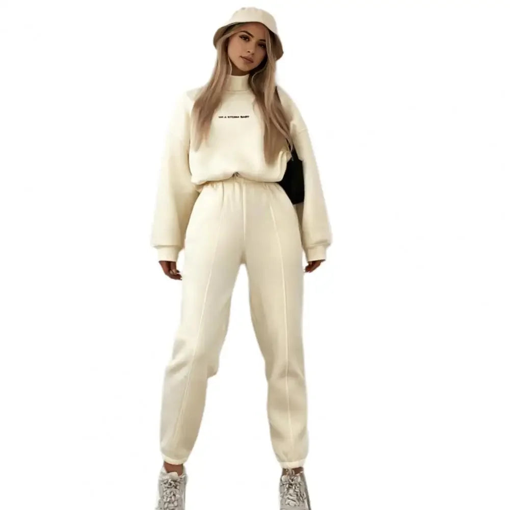 Spring Long-sleeved High-neck Printed Sweatshirt Casual Two-piece Set Tie-up Pleated Top Waist Sweatpants Sports Suit Women