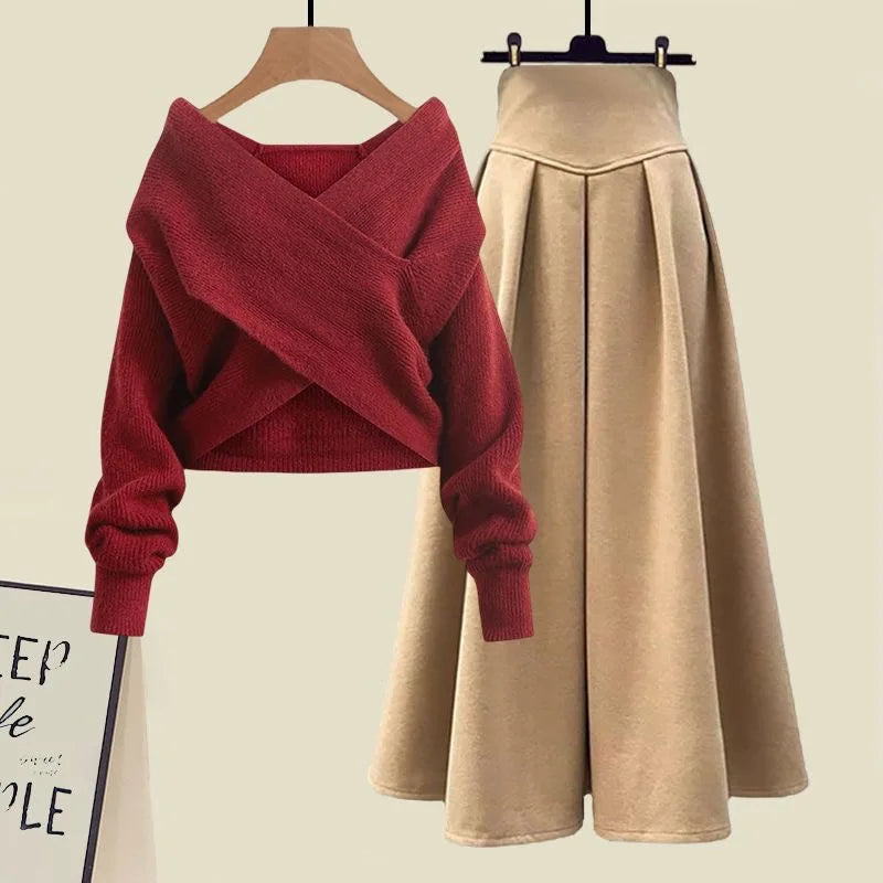 Korean Style Autumn New Chest Cross Knitted Sweater Pullover Pleated Half Skirt Two-piece Set Fashionable Women's Skirt Set