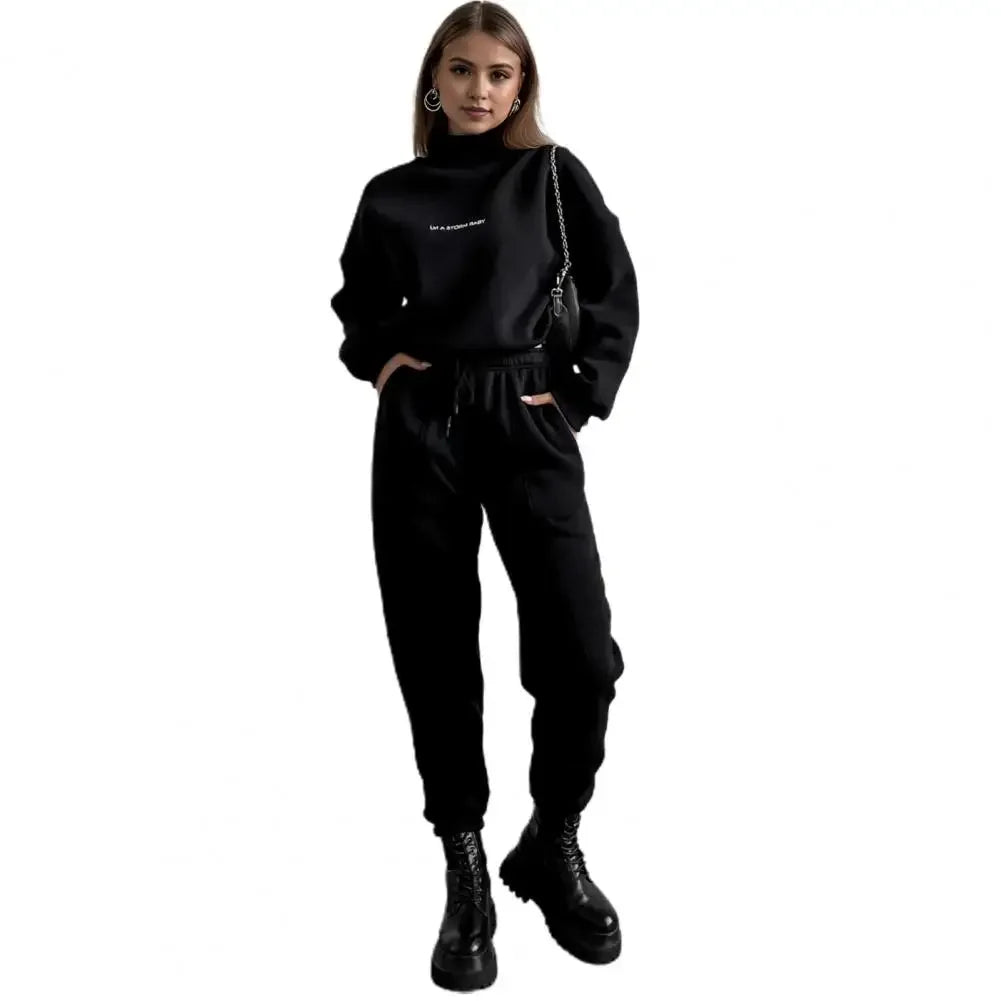 Spring Long-sleeved High-neck Printed Sweatshirt Casual Two-piece Set Tie-up Pleated Top Waist Sweatpants Sports Suit Women