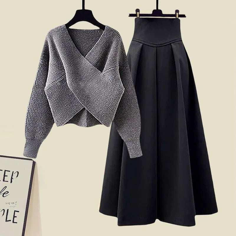 Korean Style Autumn New Chest Cross Knitted Sweater Pullover Pleated Half Skirt Two-piece Set Fashionable Women's Skirt Set