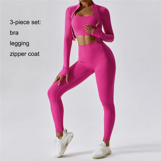 Women Outdoor Sports Yoga Bra Leggings Long Sleeve Coat Pant Suit Shockproof High Waist Three-Piece Set Fitness Tight