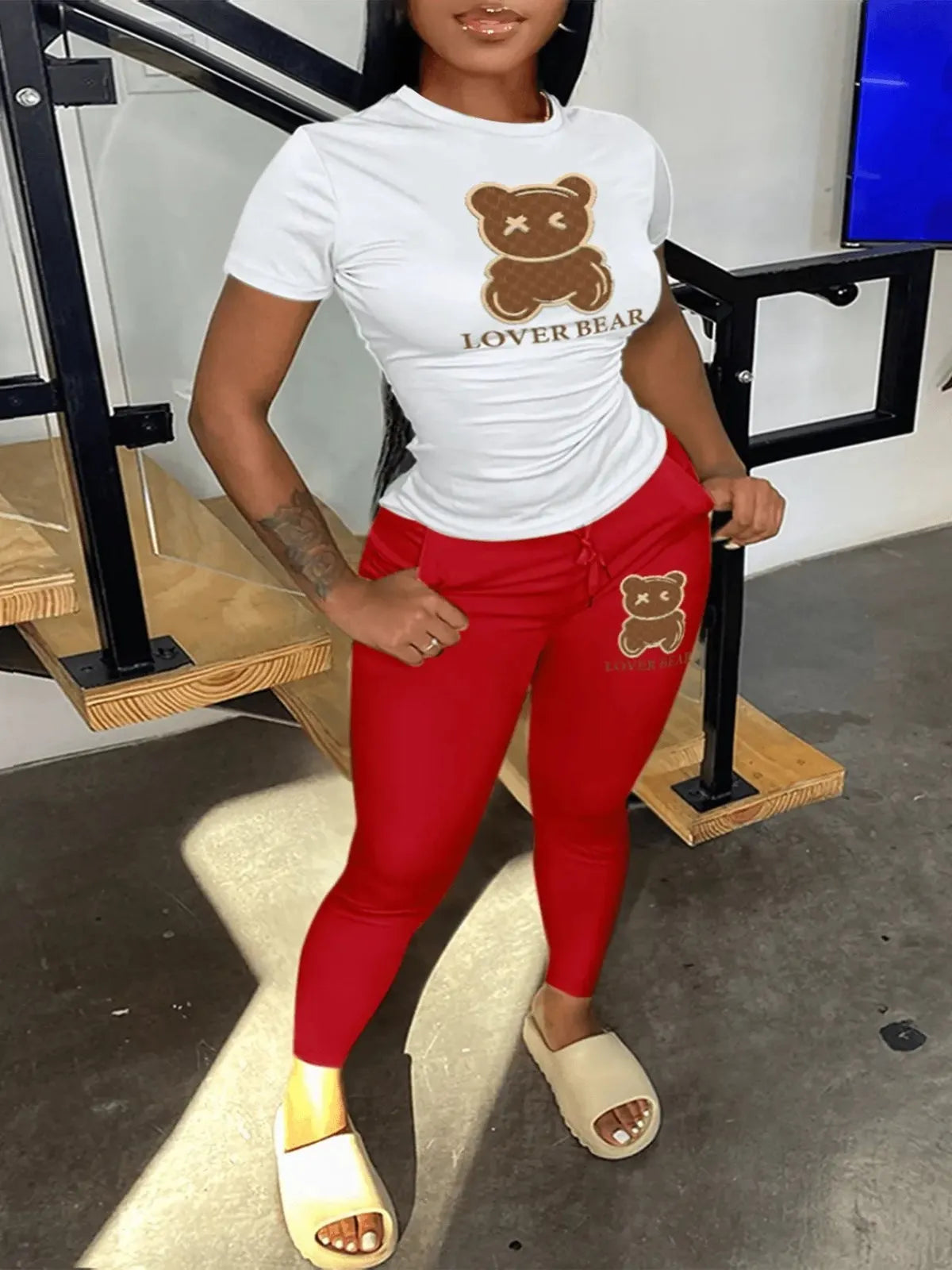 LW Plus Size Tracksuit Women Two Piece Lover Bear Letter Print Pants Set Woman Short Sleeve Tee&Sporty Trousers 2PC Activewears