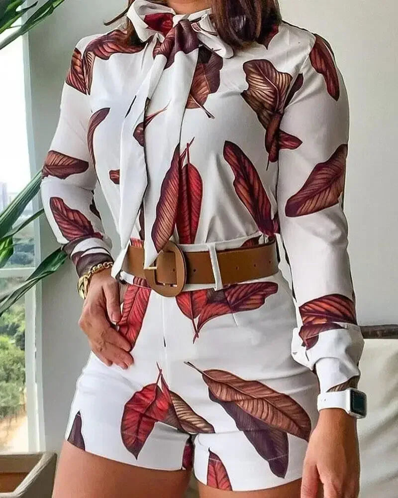 Beach Holiday Women's Tracksuit Floral Leaf Long Sleeve Shirt and Shorts Matching Two 2 Piece Set Outftis Sweatsuit