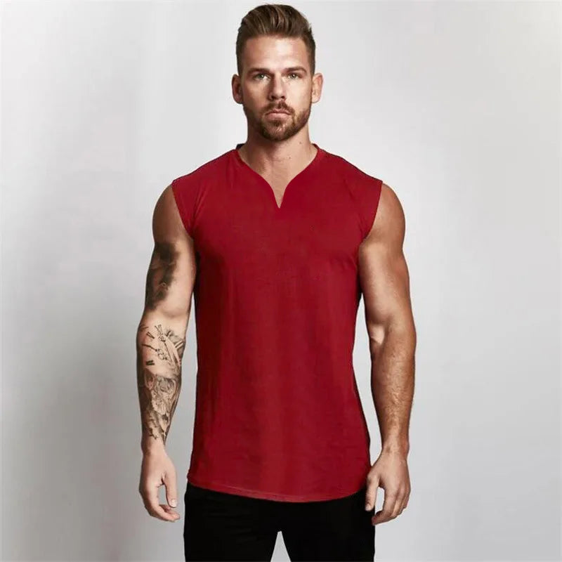 2023 Cotton V-neck Fitness Tank Top Men Summer Muscle Vest Gym Clothing Bodybuilding Sleeveless Shirt Workout Sports Singlets