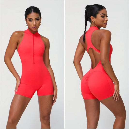 Women Yoga Romper One Piece Tummy Control Sports Playsuit Half Zipper Fitness Jumpsuit Workout Bodysuit Fashion Women Sportswear